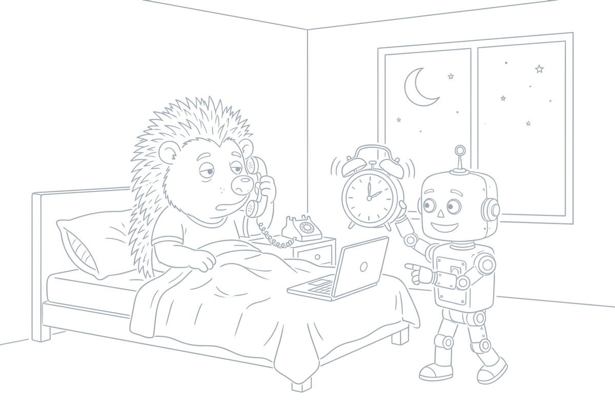 Strichzeichnung: Nachts im Schlafzimmer hält der Roboter KIt einen klingelnden Wecker hoch und zeigt auf den Laptop, der Igel Nighthog sitzt im Bett und telefoniert.